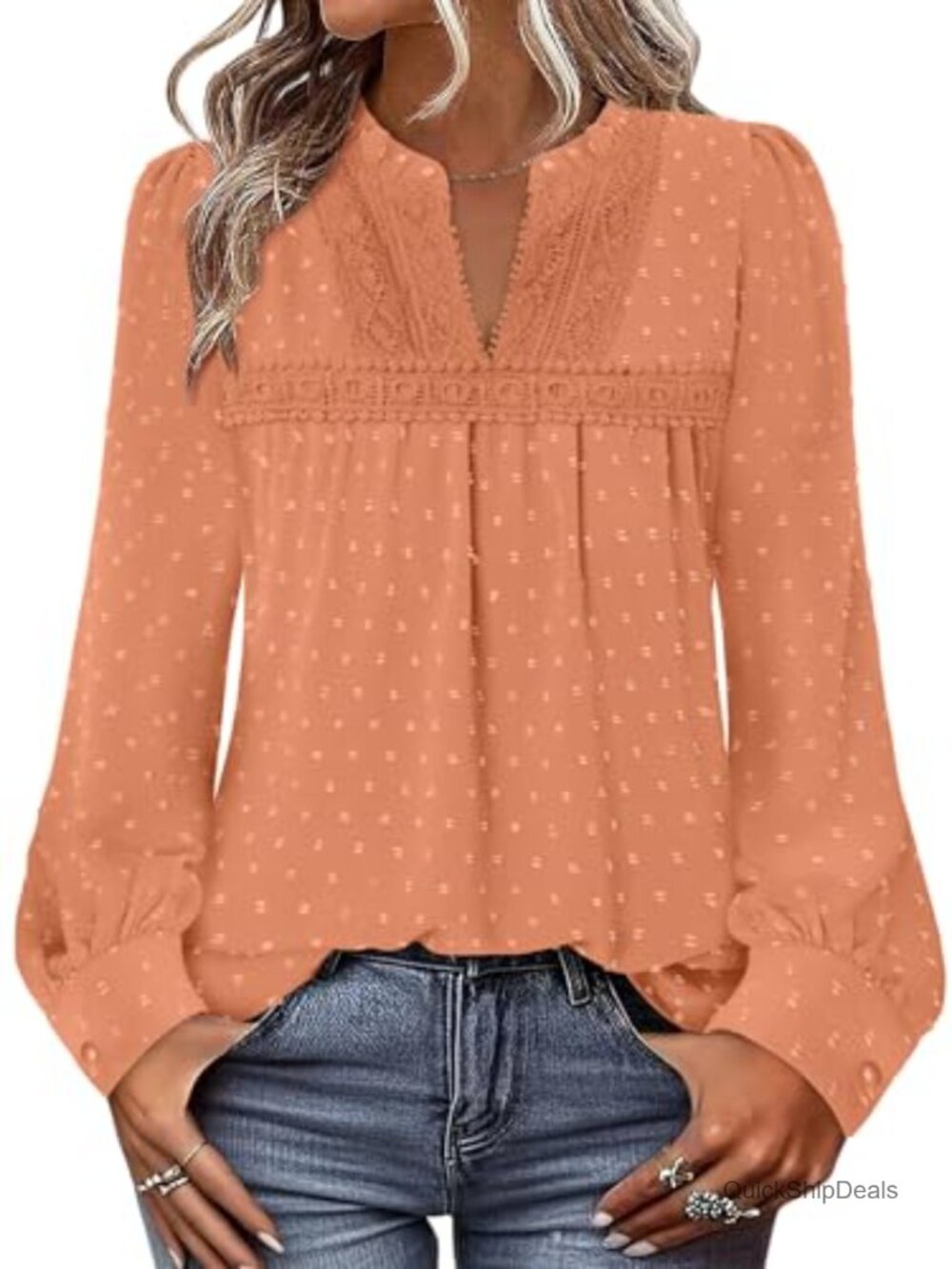 Boho Swiss Dot Long Sleeve V-Neck Blouse Flowy Casual Top